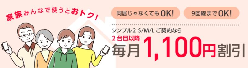 ワイモバイルの家族割引は2回線目以上が毎月1100円割引になるプログラム